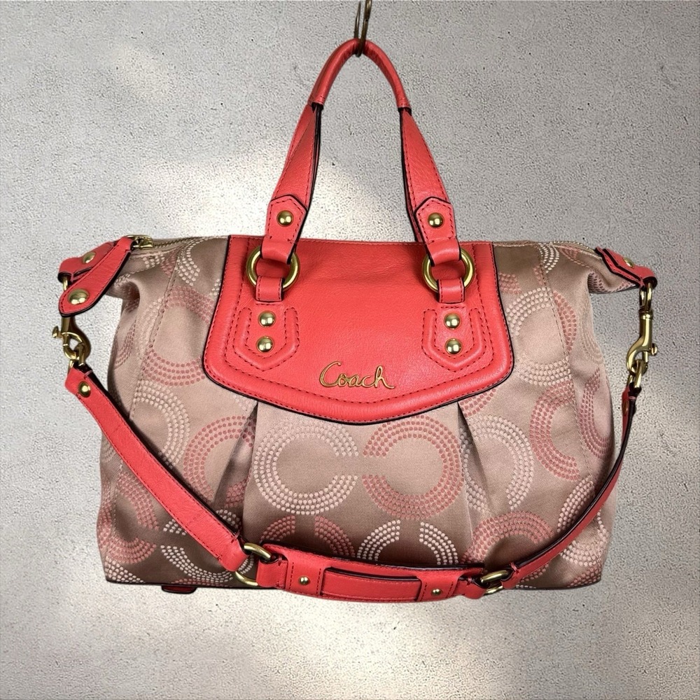 Coach F20027 Ashley Dotted Op Art Beige Orange Carryall Satchel Shoulder Bag